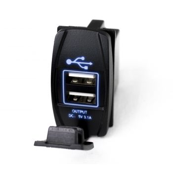 LED Rocker Switch 2-Port USB Charge Panel w/ Blue Radiance RSRSUSBB