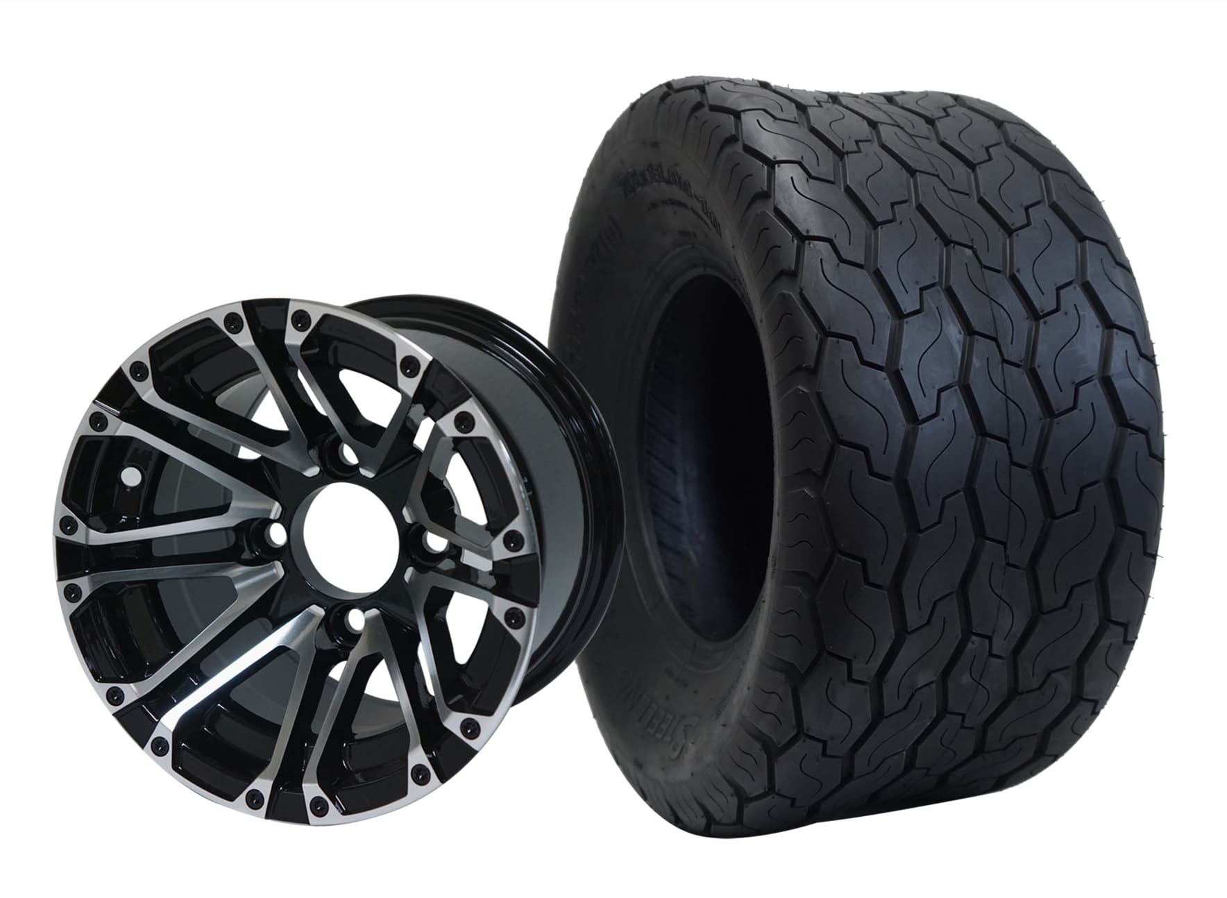 BNDL-TR1001-WH1006-CC0001-LN0001 10" Lancer Machined Black Wheel Aluminum Alloy & 18"x9"-10" Gecko All Terrain Tire x4