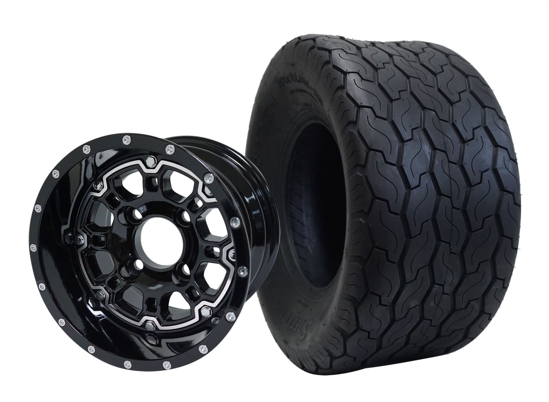 BNDL-TR1001-WH1007-CC0002-LN0005 10" Panther Glossy Black Wheel Aluminum Alloy & 18"x9"-10" Gecko All Terrain Tire x4