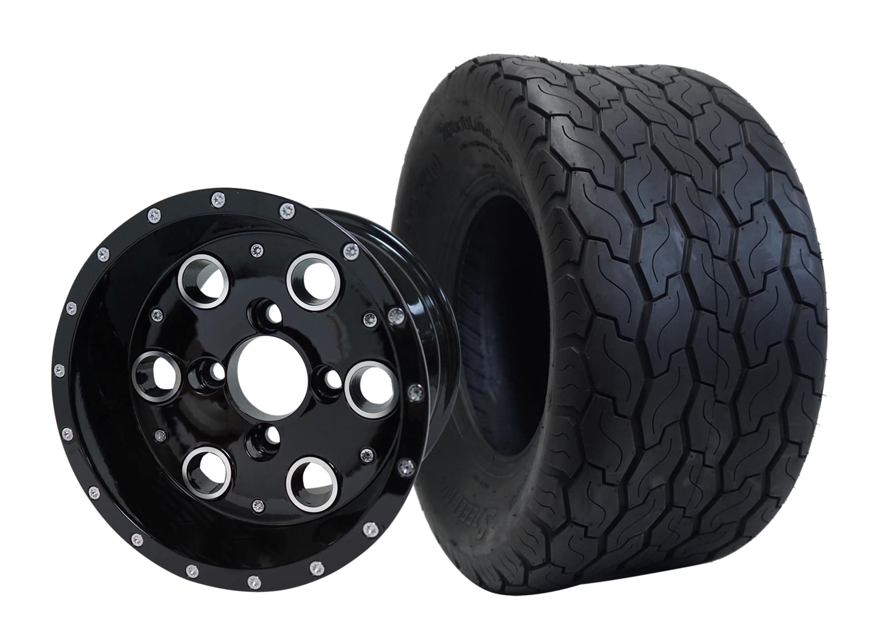 BNDL-TR1001-WH1008-CC0002-LN0005 10" Pioneer Glossy Black Wheel Aluminum Alloy & 18"x9"-10" Gecko All Terrain Tire x4