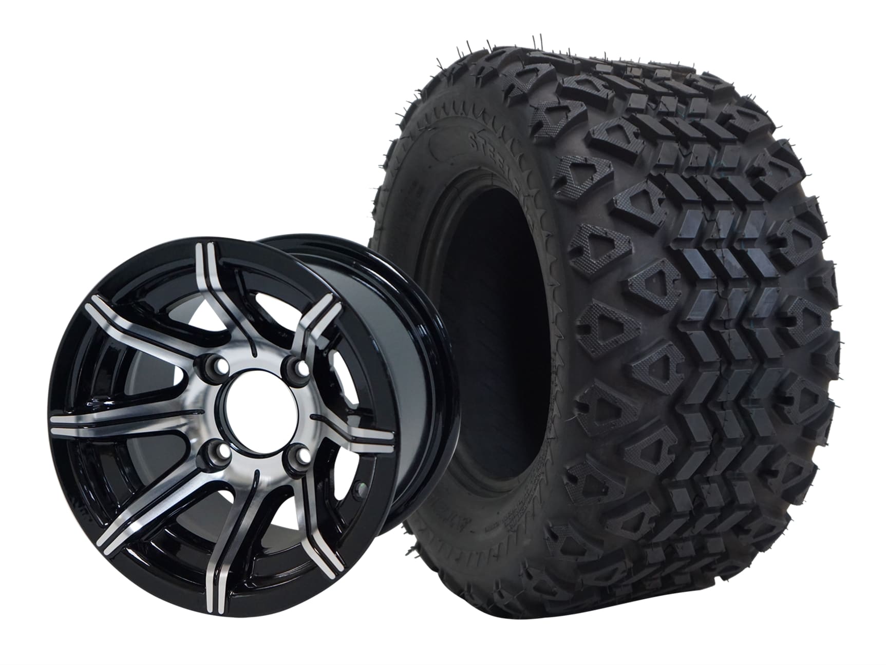 10″ SPIDER MACHINED/BLACK WHEEL – ALUMINUM ALLOY / STEELENG 20″X10″-10″ ALL TERRAIN TIRE DOT APPROVED