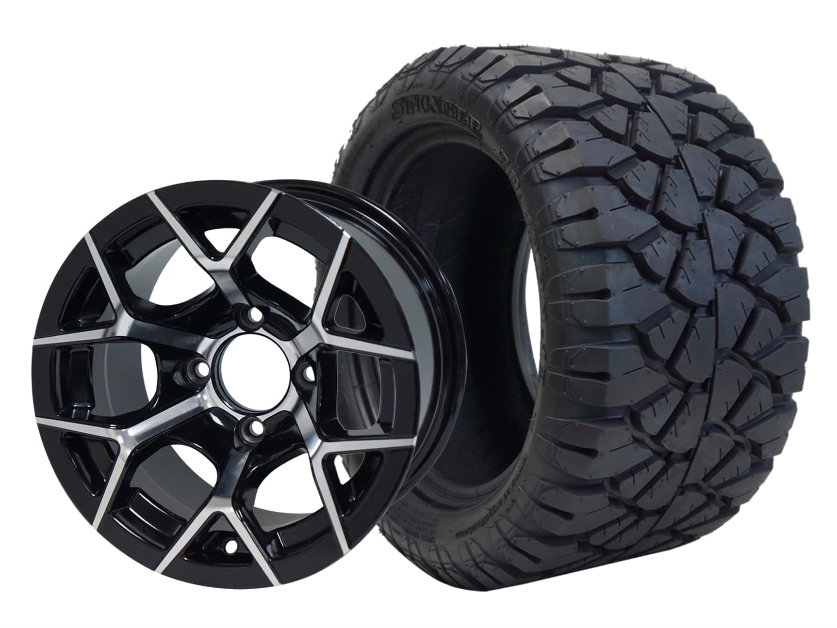 BNDL-TR1203-WH1226-CC0001-LN0001 12″ RALLY MACHINED/BLACK WHEEL – ALUMINUM ALLOY / STEELENG 22″X10.5″-12″ STINGER ALL TERRAIN TIRE DOT APPROVED