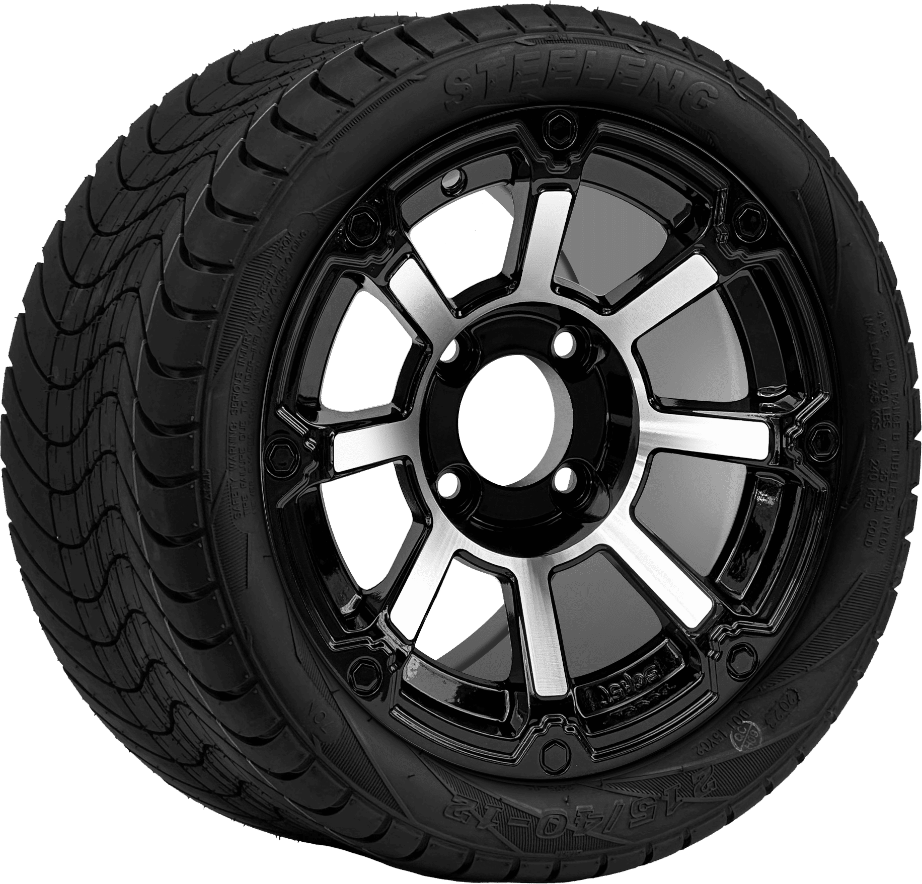 12″ CYCLOPS MACHINED/BLACK WHEEL – ALUMINUM ALLOY / STEELENG 215/40-12 LOW PROFILE TIRE DOT APPROVED