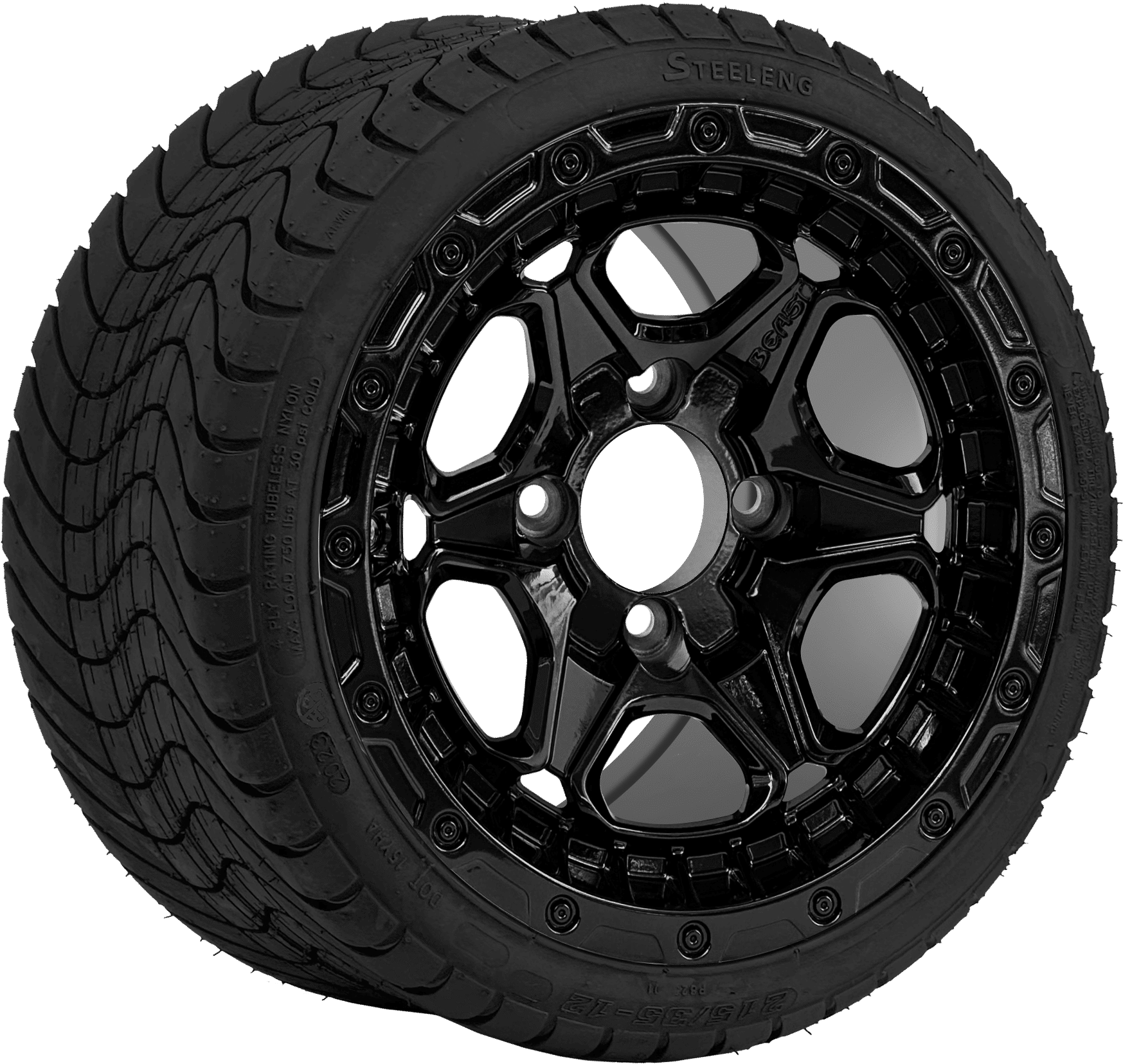 BNDL-TR1211-WH1264-CC0027-LN0002 12″ GRIZZLY GLOSSY BLACK WHEEL – ALUMINUM ALLOY / STEELENG 215/40-12 LOW PROFILE TIRE DOT APPROVED