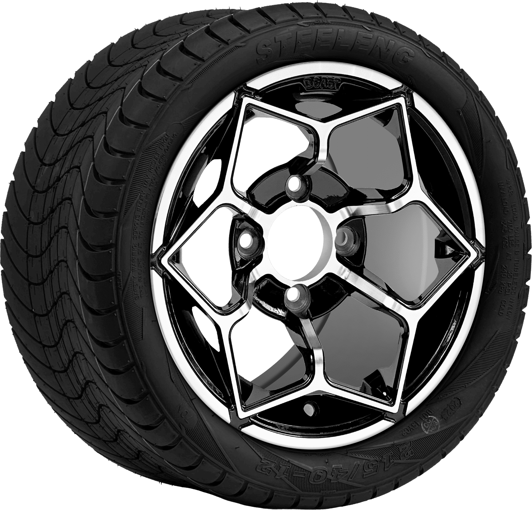BNDL-TR1211-WH1266-CC0025-LN0001 12″ HAMMERHEAD MACHINED/BLACK WHEEL – ALUMINUM ALLOY / STEELENG 215/40-12 LOW PROFILE TIRE DOT APPROVED