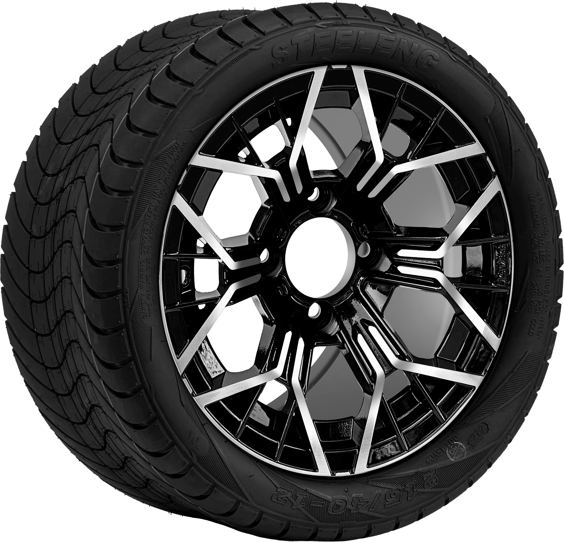 BNDL-TR1211-WH1267-CC0025-LN0001 12″ MANTIS MACHINED/BLACK WHEEL – ALUMINUM ALLOY / STEELENG 215/40-12 LOW PROFILE TIRE DOT APPROVED