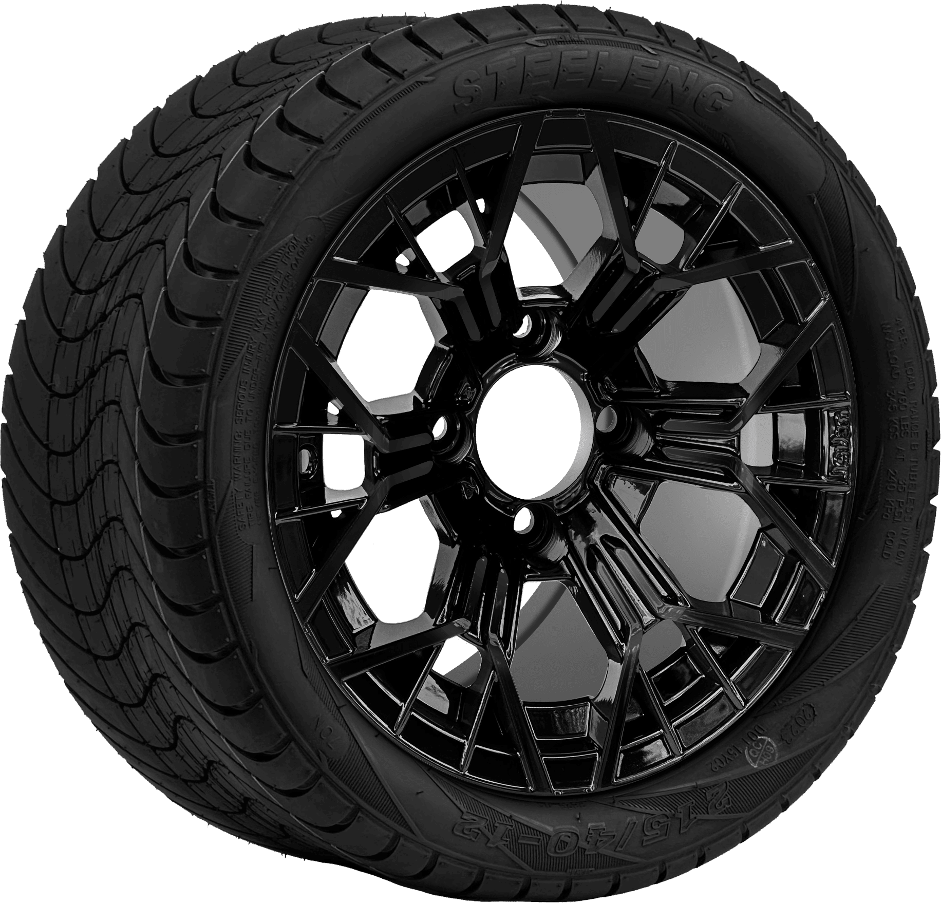 BNDL-TR1211-WH1268-CC0027-LN0002 12″ MANTIS GLOSSY BLACK WHEEL – ALUMINUM ALLOY / STEELENG 215/40-12 LOW PROFILE TIRE DOT APPROVED