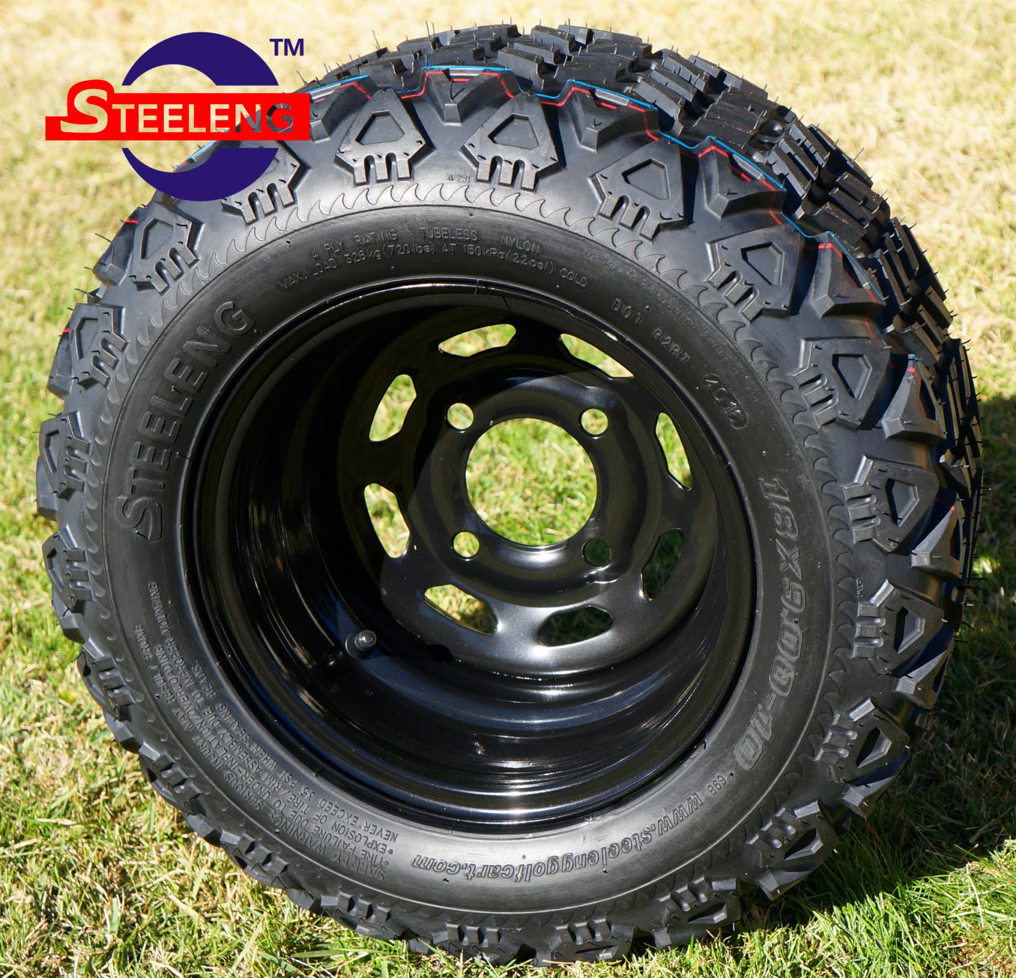 10" Black Slotted Steel Wheel & 18" x 9" -10" All Terrain Tire DOT Approved Set of 4