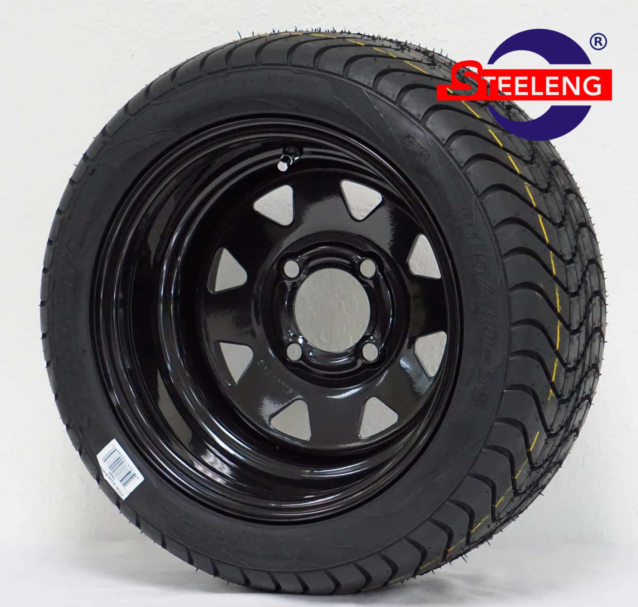 BNDL-SW1201-TR1211 12" x 7" Black Slotted Steel Wheel & 215/40-12 Low Profile Tire DOT Approved Set of 4