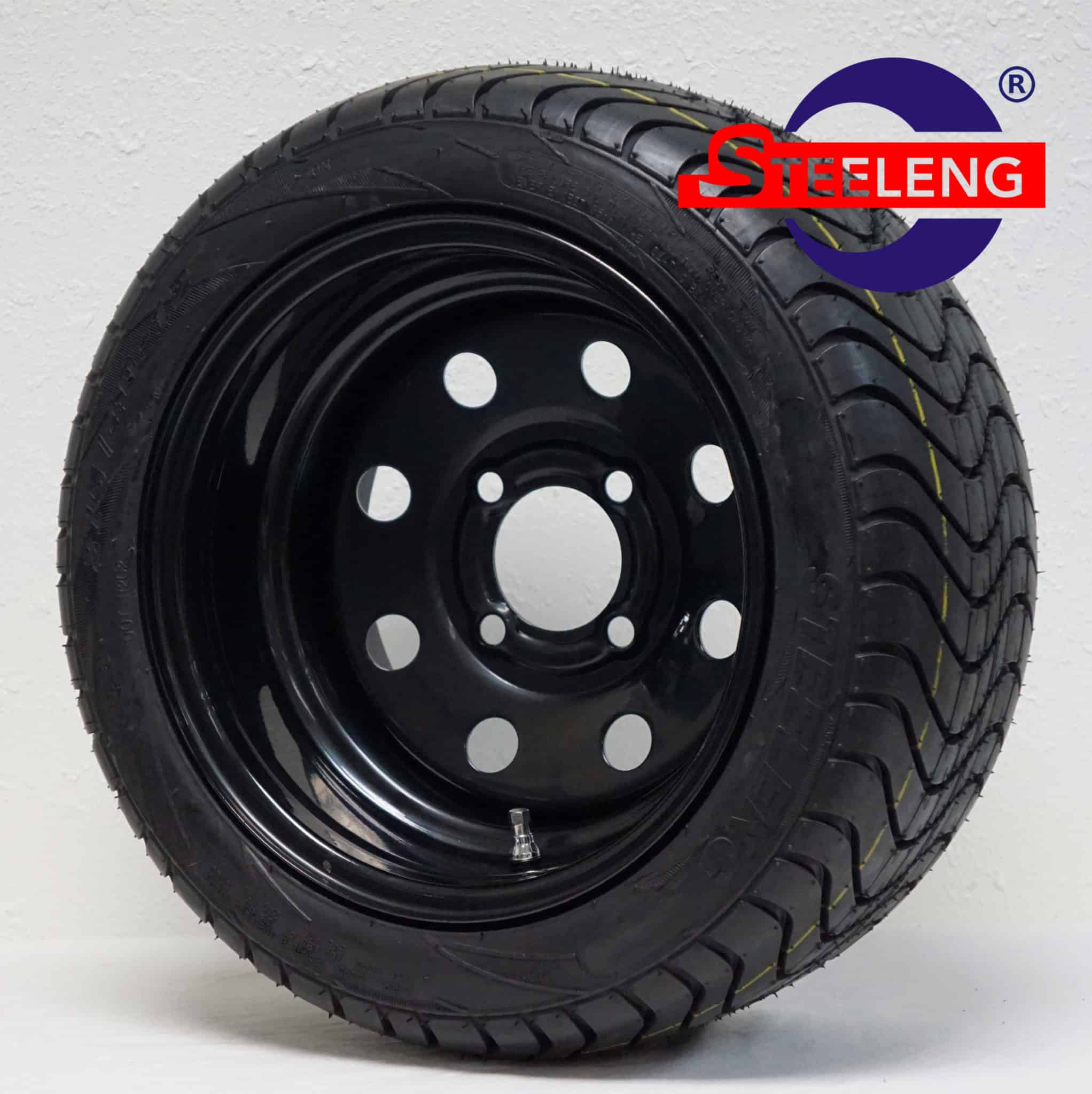 BNDL-SW1202-TR1211 12" x 7" Steel Wheel 8 Holes Black & 215/40-12 Low Profile Tire DOT Approved Set of 4