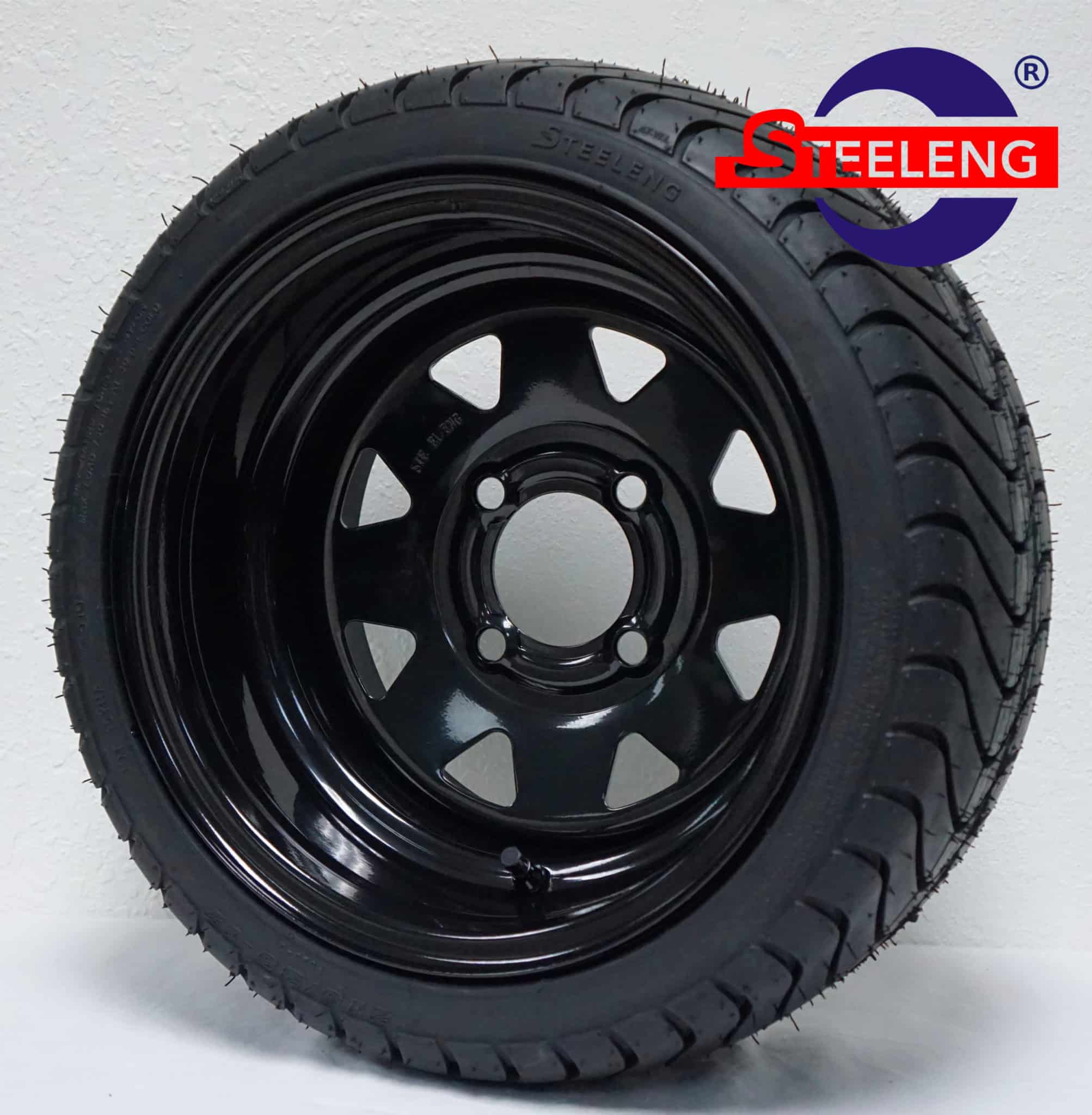 BNDL-SW1201-TR1212 12" x 7" Black Slotted Steel Wheel & 215/35-12 Low Profile Tire DOT Approved Set of 4