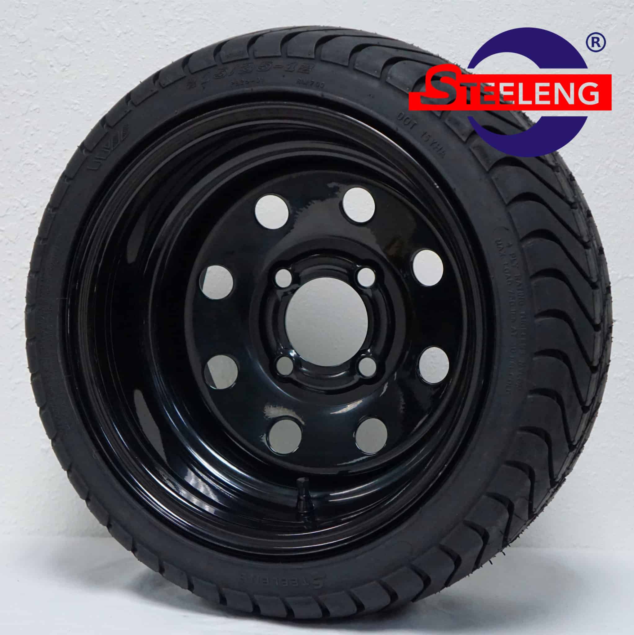 BNDL-SW1202-TR1212 12"x7" Steel Wheel Black 8 Holes & 215/35-12 Low Profile Tire Set of 4