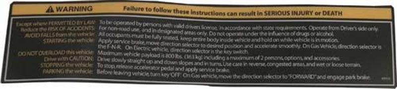 EZGO RXV Warning & Instructions Decal 2008 up