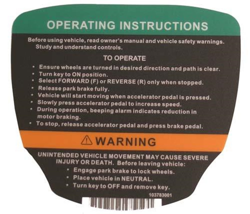 Club Car Precedent Electric Operating Instructions Decal 2012"Up